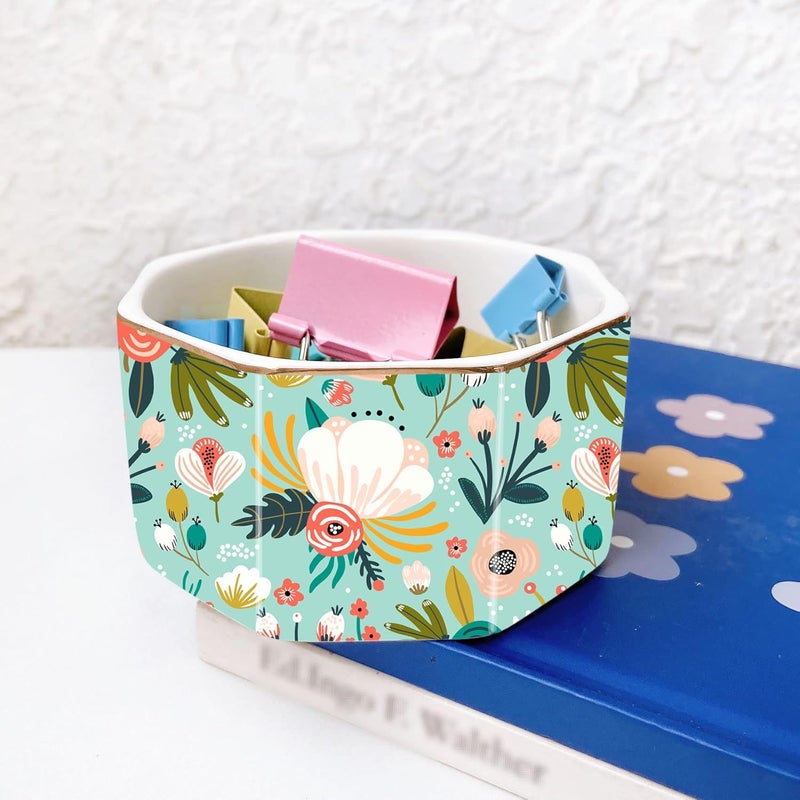 LEAZUL Ceramic Paper Clip Holder Gold Line Paper Clip Dispenser Organizer for Desk Cute Floral Pattern Office Binder Clip Holder Bobby Pin and Hair Clip Holder Gift for Office Mint Flowers - Image 2